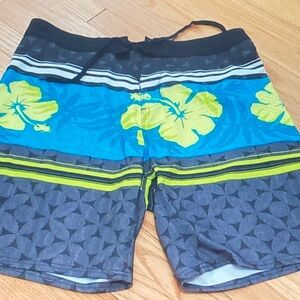 Burnside Floral Pattern Swim Trunks - Blue and Green
